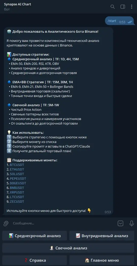 Synapse AI Chart - Аналитический Бот Binance - скриншот интерфейса 1, проект Telegram Bot